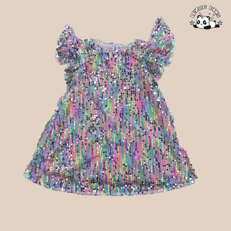 LEZONKIDS - Customizable Wholesale New Innovations Latest Design Puff Sleeve Colorful Sequin Princess Girl Dress
